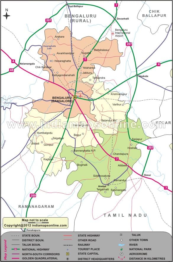 Bangalore miesto apylinkės žemėlapis